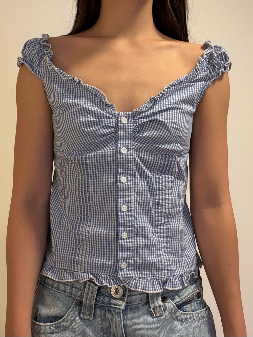 Brandy Melville Blue and White Gingham Ruffle Button-Front Women's Blouse